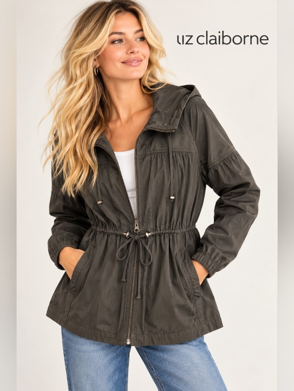 Liz Claiborne Olive Green Hooded Utility Jacket M/L